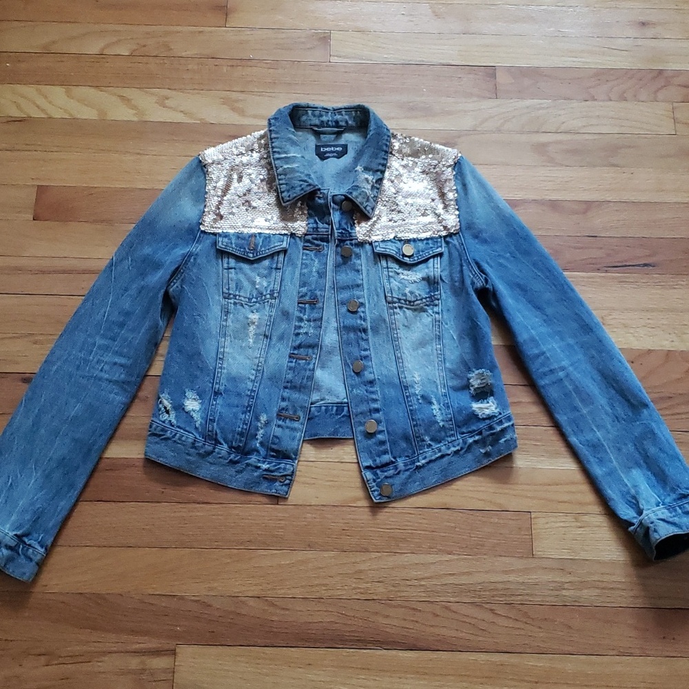 Bebe distressed sequins denim jacket